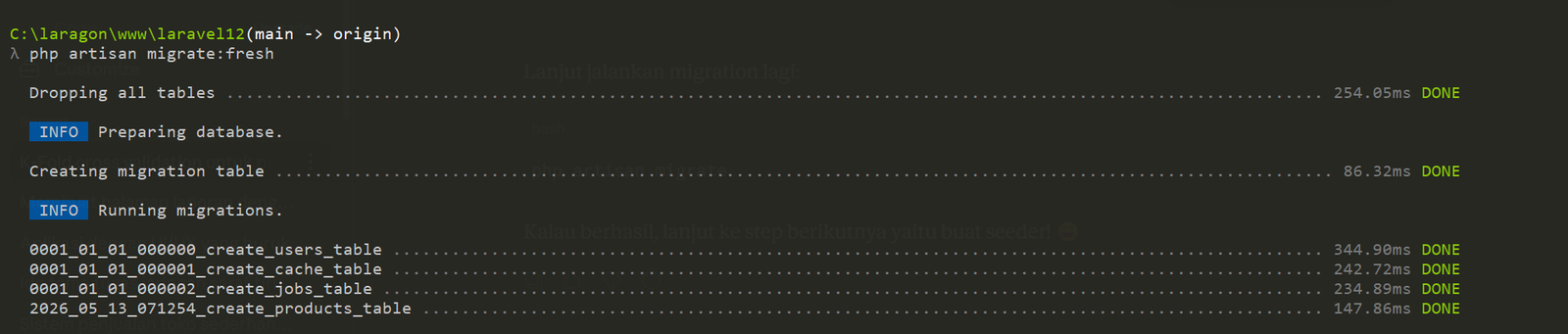 Hasil php artisan migrate:fresh